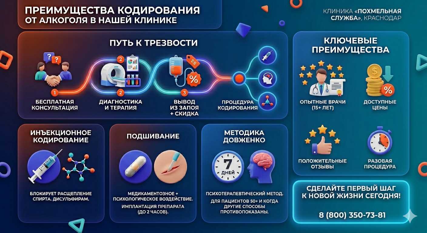 Инфографика о методах кодирования от алкоголя в Ждановке: инъекции, подшивание, метод Довженко. Преимущества клиники и этапы лечения.